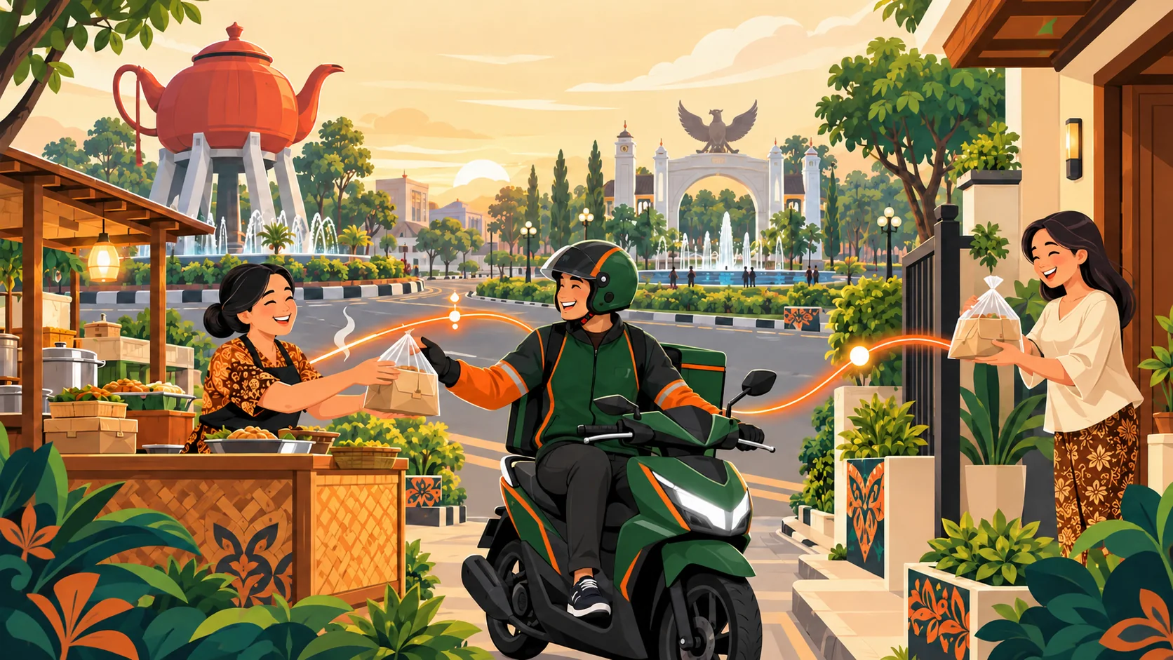 Ilustrasi warga, UMKM kuliner, dan Jakwir NGELIH bersama landmark Tegal